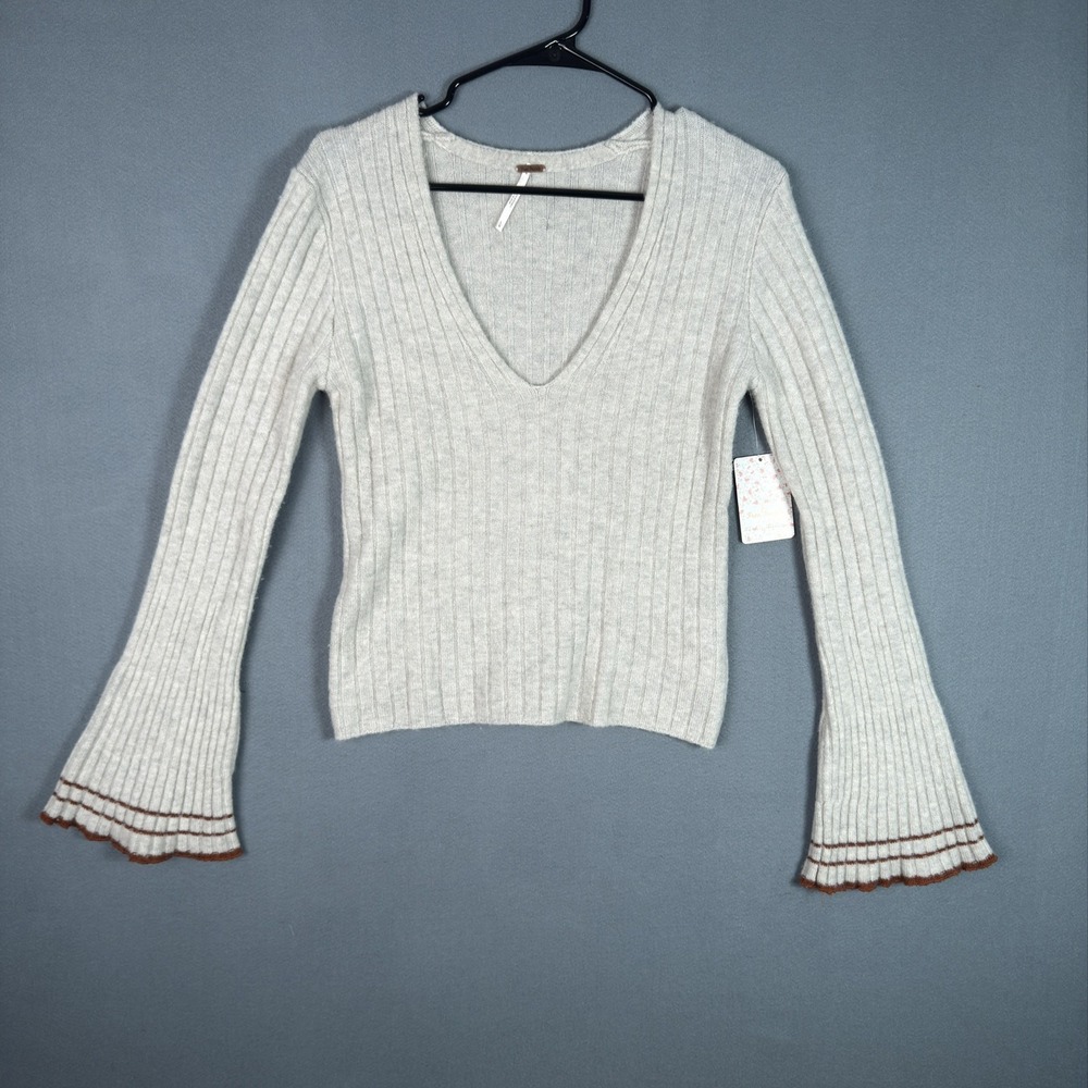 Free People Bell Sleeve Sweater Womens Large Beige Ribbed Wool Yak V-Neck